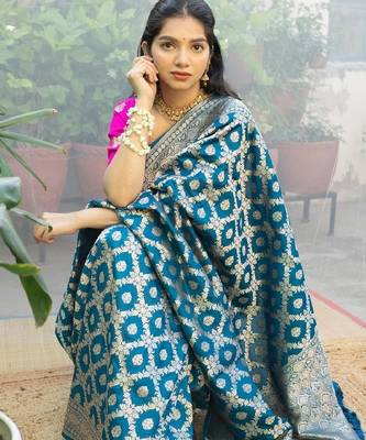 Rama pink silk blend banarasi saree with unstitched blouse piece 4