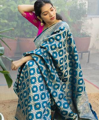 Rama pink silk blend banarasi saree with unstitched blouse piece 5
