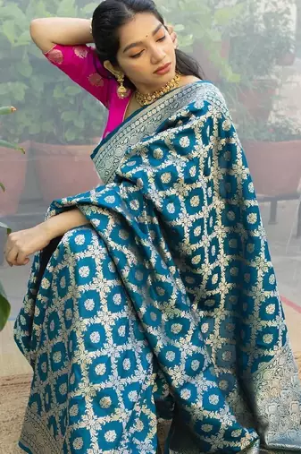 Rama pink silk blend banarasi saree with unstitched blouse piece