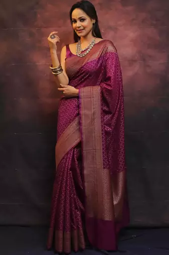 Wine  soft silk blend banarasi jacuard work designer party wear saree with unstitched blouse piece
