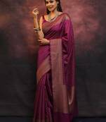 Wine  soft silk blend banarasi jacuard work designer party wear saree with unstitched blouse piece