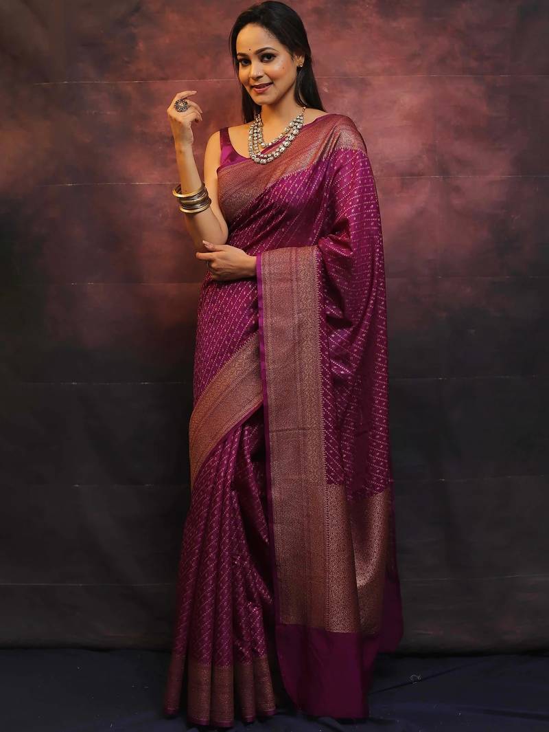 Wine  soft silk blend banarasi jacuard work designer party wear saree with unstitched blouse piece