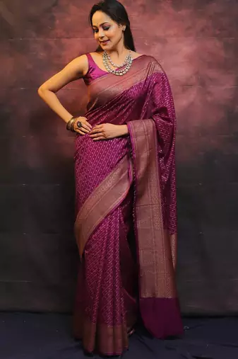 Wine silk blend banarasi saree with unstitched blouse piece