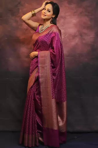 Wine silk blend banarasi saree with unstitched blouse piece