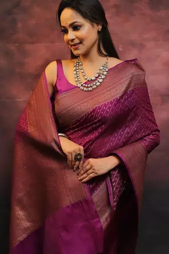 Wine silk blend banarasi saree with unstitched blouse piece