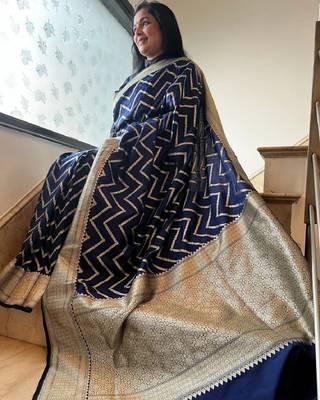 Blue silk blend banarasi saree with unstitched blouse piece 1