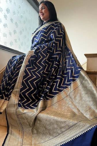 Blue soft silk blend banarasi jacuard work designer party wear saree with unstitched blouse piece