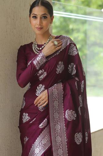 Wine soft silk blend banarasi jacuard work designer party wear saree with unstitched blouse piece