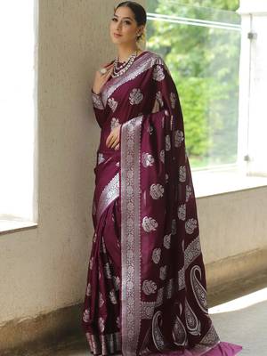 Wine silk blend banarasi saree with unstitched blouse piece 2