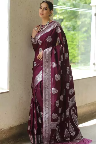Wine soft silk blend banarasi jacuard work designer party wear saree with unstitched blouse piece