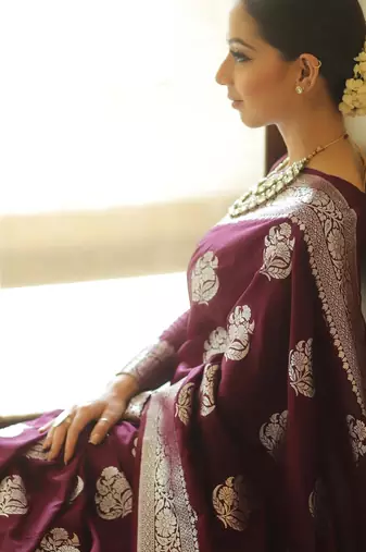 Wine soft silk blend banarasi jacuard work designer party wear saree with unstitched blouse piece