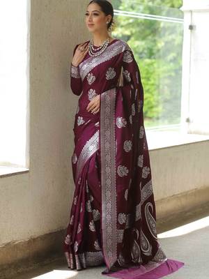 Wine silk blend banarasi saree with unstitched blouse piece 4