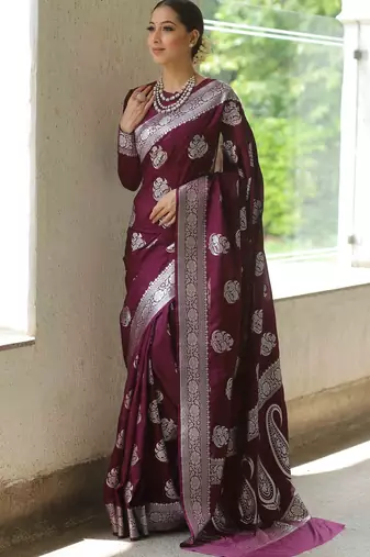 Wine soft silk blend banarasi jacuard work designer party wear saree with unstitched blouse piece