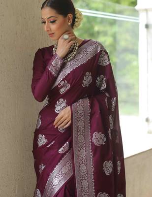 Wine silk blend banarasi saree with unstitched blouse piece 5