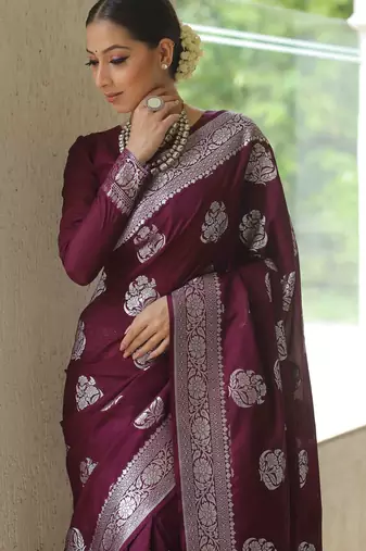 Wine soft silk blend banarasi jacuard work designer party wear saree with unstitched blouse piece
