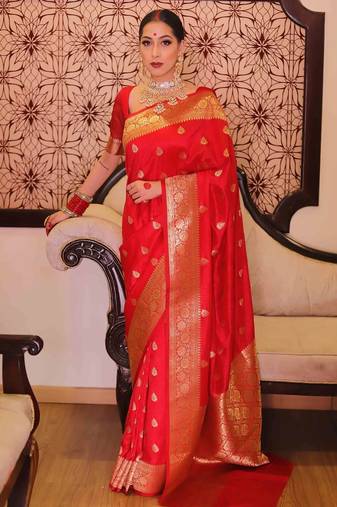Red soft silk blend banarasi jacuard work designer party wear saree with unstitched blouse piece