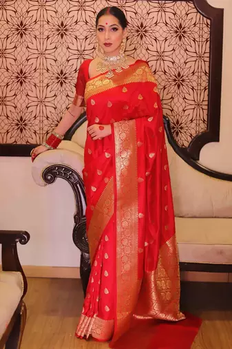 Red soft silk blend banarasi jacuard work designer party wear saree with unstitched blouse piece