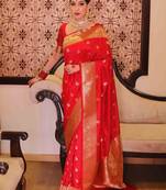 Red soft silk blend banarasi jacuard work designer party wear saree with unstitched blouse piece