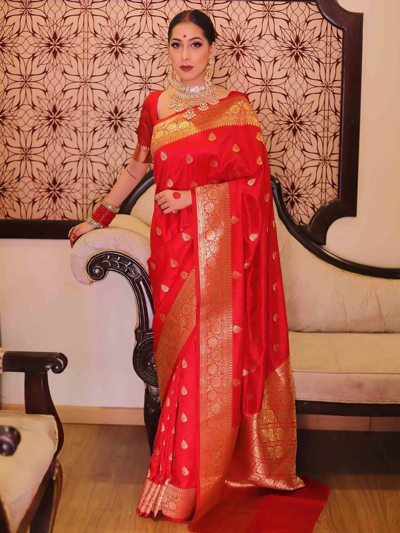Red soft silk blend banarasi jacuard work designer party wear saree with unstitched blouse piece