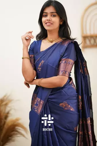 Blue silk blend banarasi saree with unstitched blouse piece