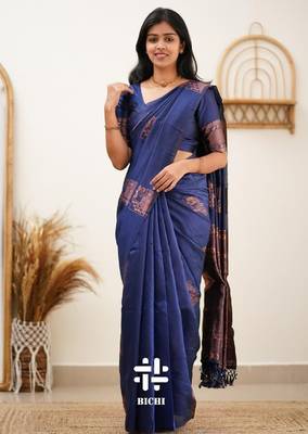 Blue silk blend banarasi saree with unstitched blouse piece 3