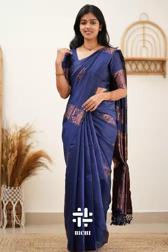 Blue silk blend banarasi saree with unstitched blouse piece