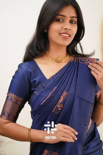 Blue silk blend banarasi saree with unstitched blouse piece