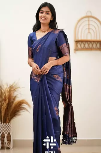 Blue silk blend banarasi saree with unstitched blouse piece