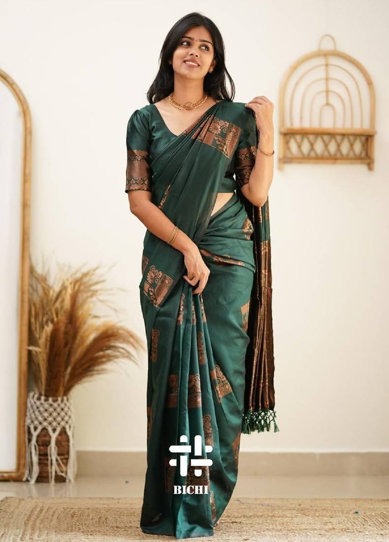 Green soft silk blend banarasi jacuard work designer party wear saree with unstitched blouse piece