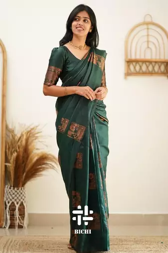Green silk blend banarasi saree with unstitched blouse piece