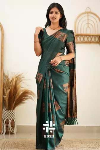 Green silk blend banarasi saree with unstitched blouse piece