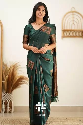 Green silk blend banarasi saree with unstitched blouse piece