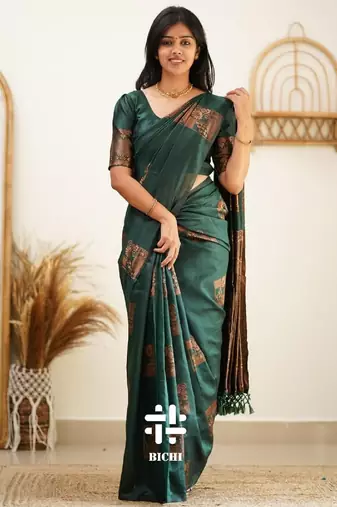 Green silk blend banarasi saree with unstitched blouse piece
