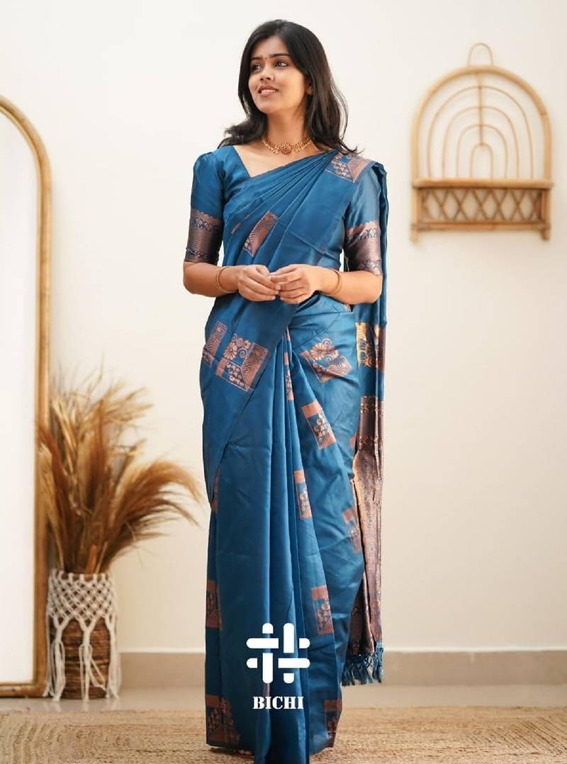 Morpich soft silk blend banarasi jacuard work designer party wear saree with unstitched blouse piece