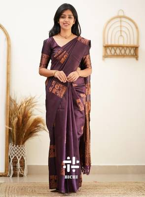 Purple silk blend banarasi saree with unstitched blouse piece 1
