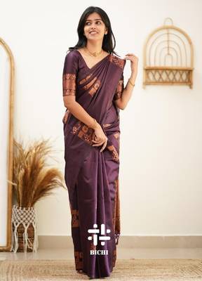 Purple silk blend banarasi saree with unstitched blouse piece 2