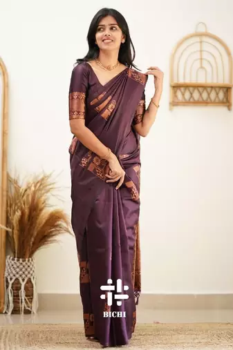 Purple silk blend banarasi saree with unstitched blouse piece