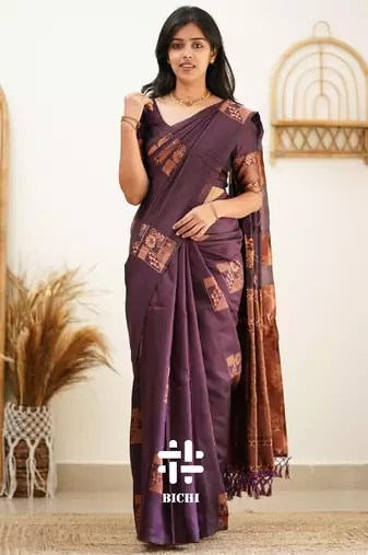 Purple silk blend banarasi saree with unstitched blouse piece