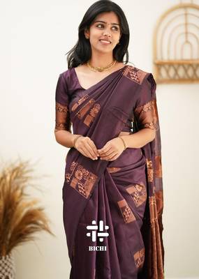 Purple silk blend banarasi saree with unstitched blouse piece 4