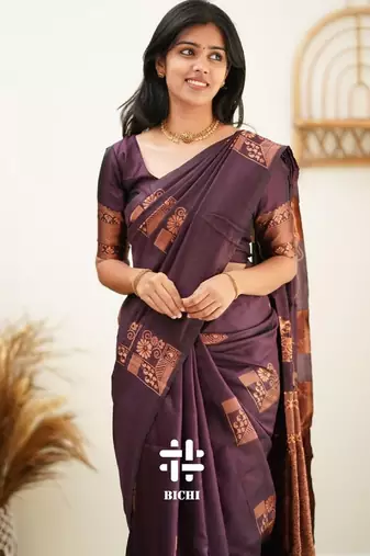 Purple silk blend banarasi saree with unstitched blouse piece