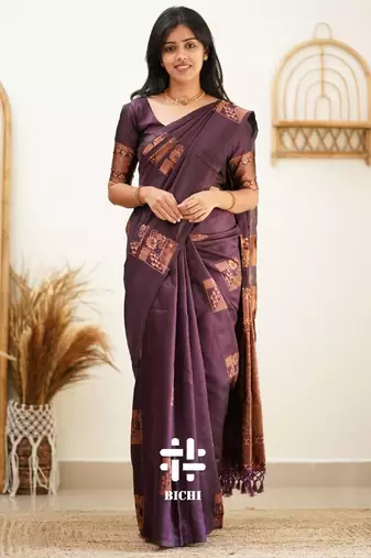 Purple silk blend banarasi saree with unstitched blouse piece