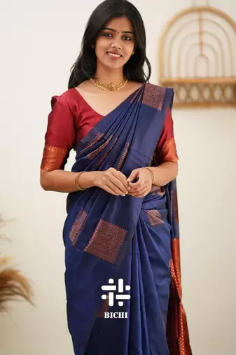 Blue red soft silk blend banarasi jacuard work designer party wear saree with unstitched blouse piece