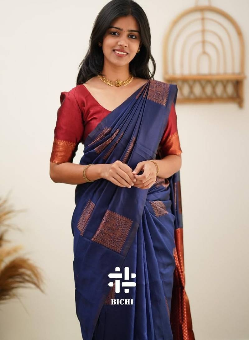 Blue red soft silk blend banarasi jacuard work designer party wear saree with unstitched blouse piece