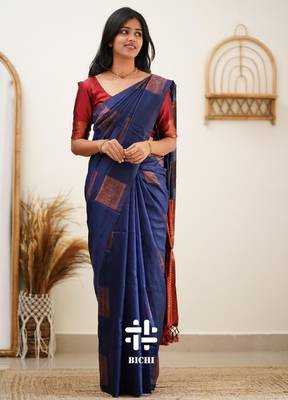 Blue red silk blend banarasi saree with unstitched blouse piece 2