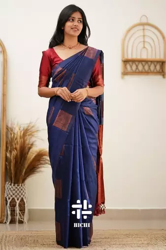 Blue red silk blend banarasi saree with unstitched blouse piece
