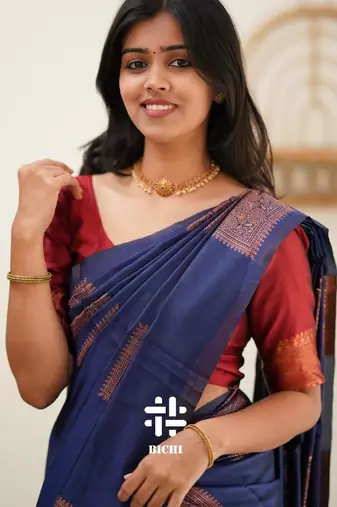 Blue red silk blend banarasi saree with unstitched blouse piece