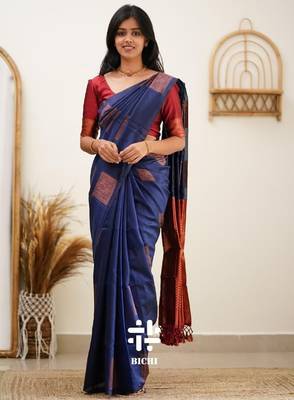 Blue red silk blend banarasi saree with unstitched blouse piece 4