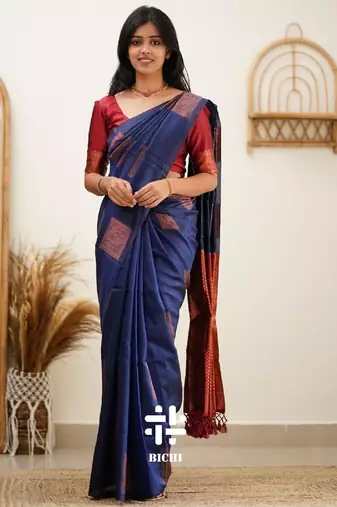 Blue red silk blend banarasi saree with unstitched blouse piece
