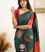 Green red soft silk blend banarasi jacuard work designer party wear saree with unstitched blouse piece