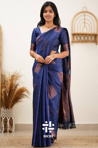 Blue soft silk blend banarasi jacuard work designer party wear saree with unstitched blouse piece